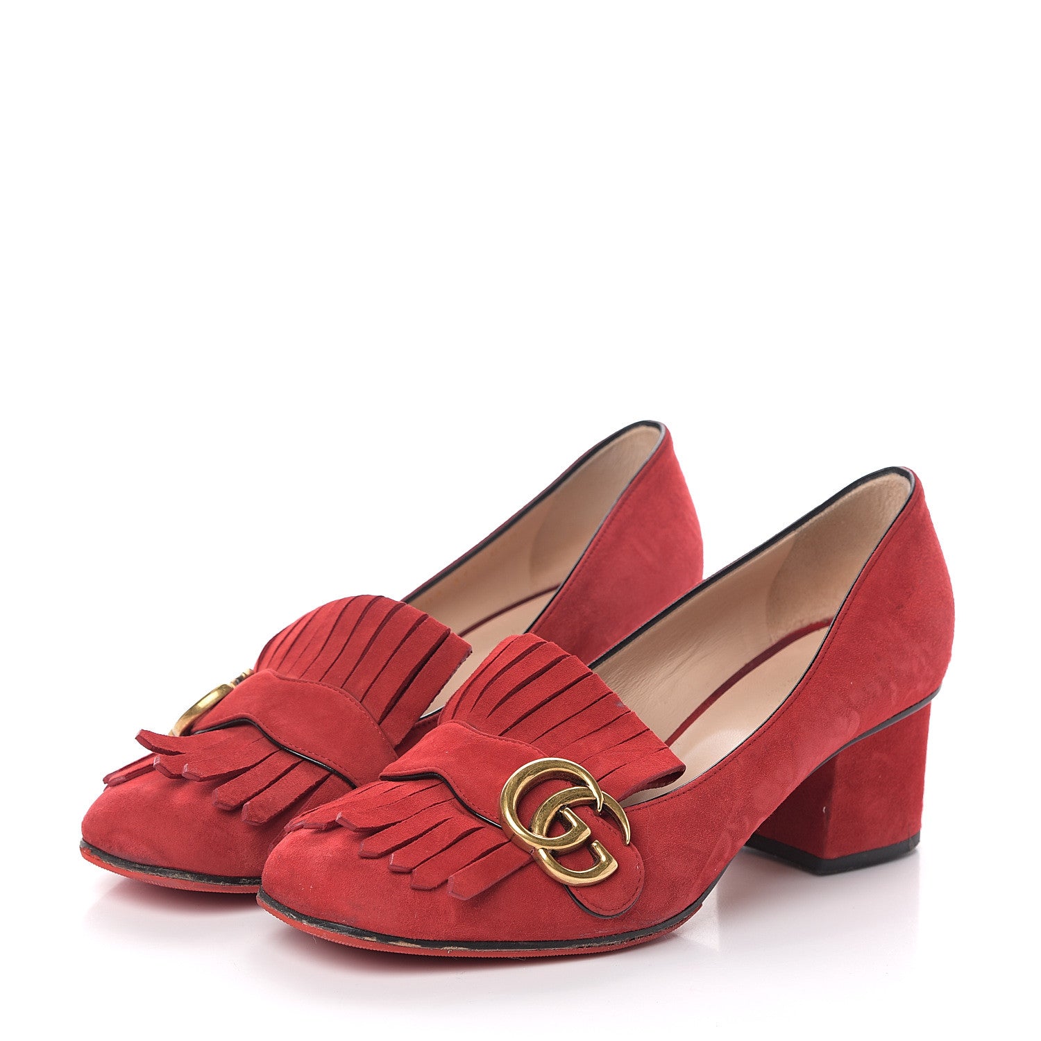 Gucci Kid Scamosciato GG Marmont Fringe 50mm Loafer Pumps 37.5 Vulcanic Red 3 of 7