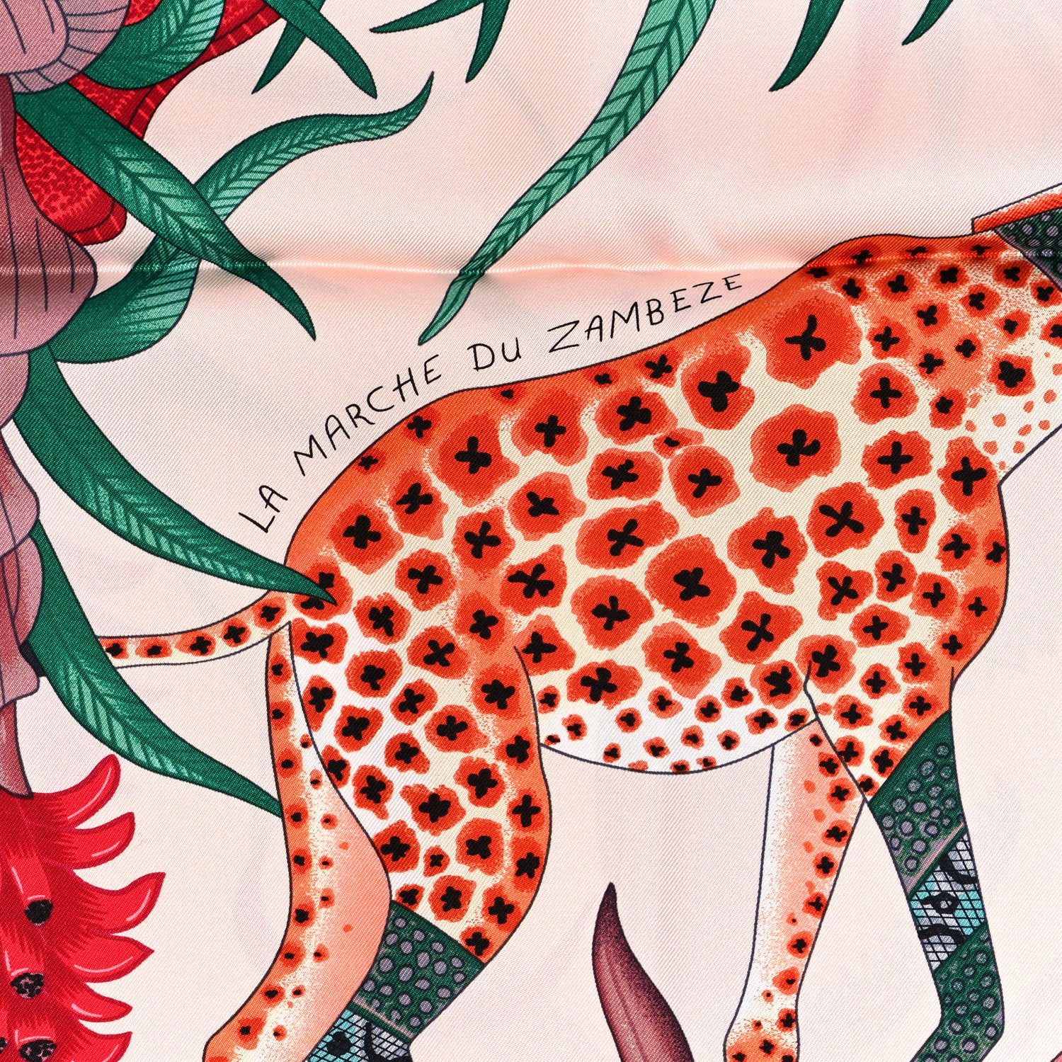 Hermes Silk La Marche Du Zambeze Scarf 90 Rose Pale Rouge Vert 5 of 5