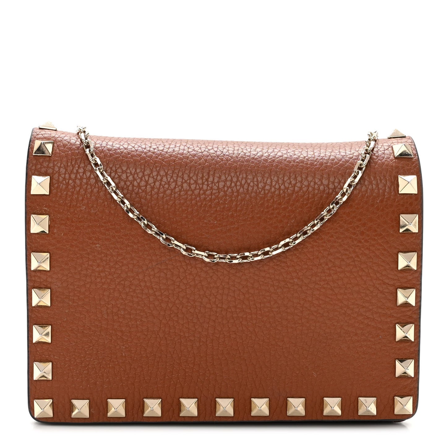 Pebbled Calfskin Rockstud Wallet On Chain Saddle Brown