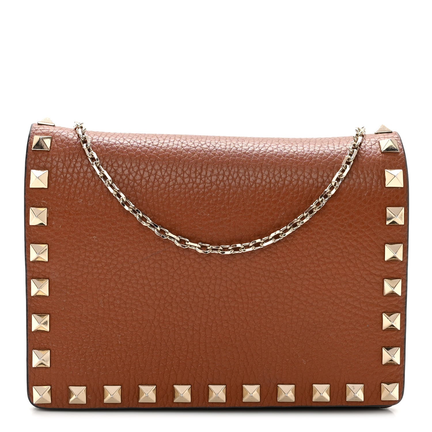 Valentino Garavani Pebbled Calfskin Rockstud Wallet On Chain Saddle Brown 1 of 9