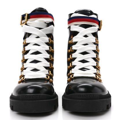 Gucci Calfskin Sylvie Web Lace Up Combat Boots 37.5 Black 2 of 8