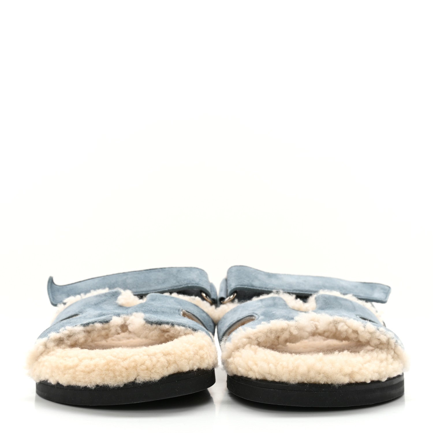 Hermes Suede Goatskin Woolskin Womens Chypre Sandals 35.5 Bleu Pinede Ecru 2 of 9