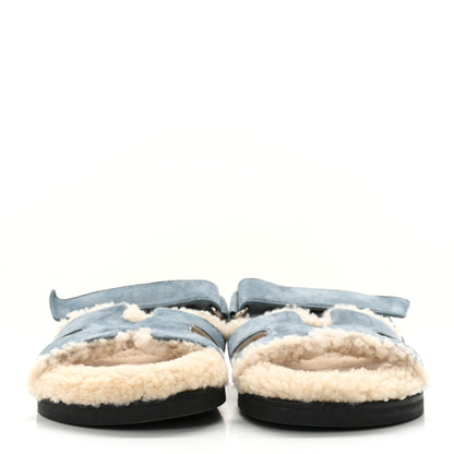 Hermes Suede Goatskin Woolskin Womens Chypre Sandals 35.5 Bleu Pinede Ecru 2 of 9