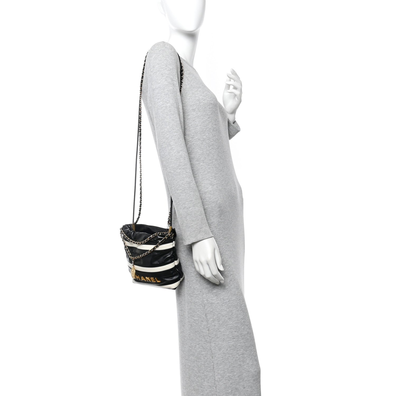 Chanel Shiny Calfskin Striped Mini Chanel 22 Black White 2 of 10