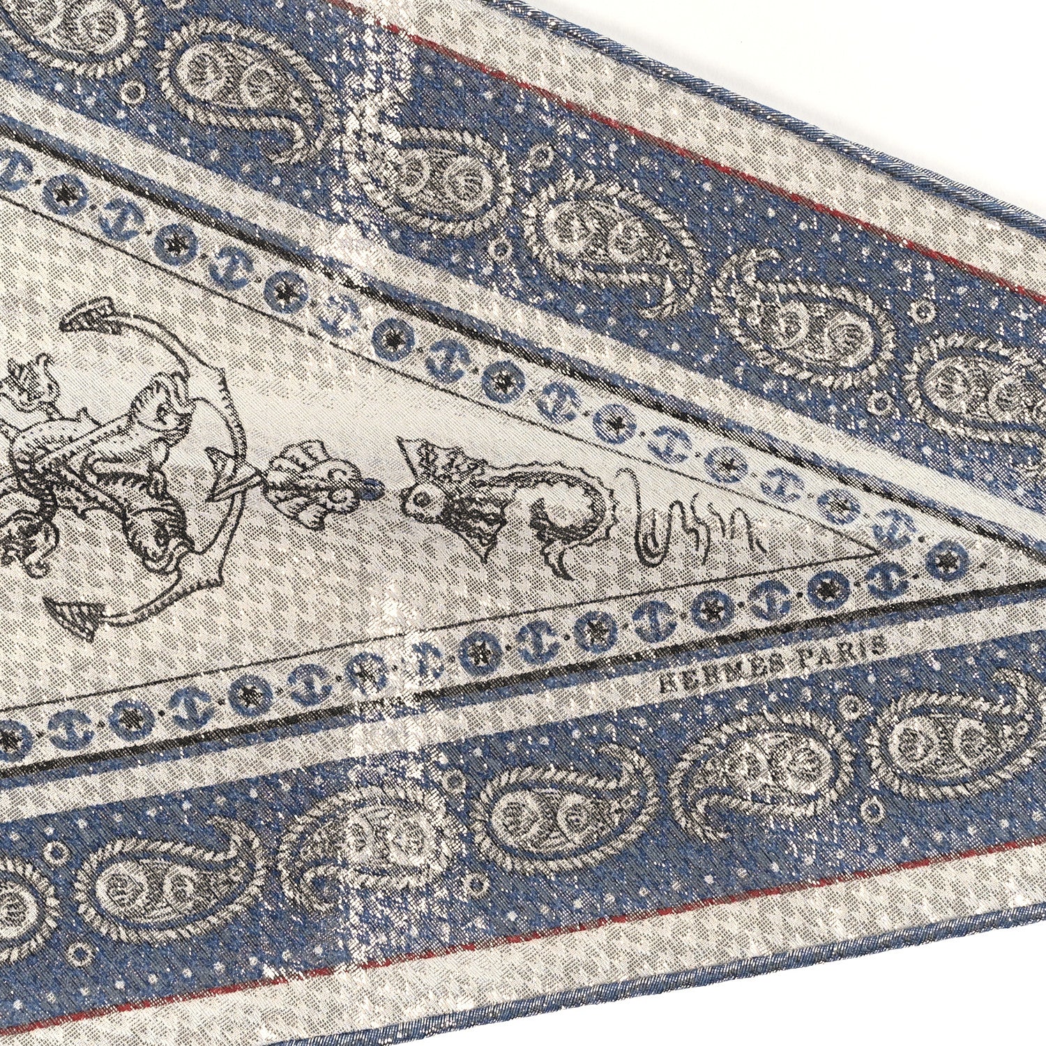 Hermes Metallic Silk Tatouages Marins Bandana Losange Scarf Bleu Jean White Black 3 of 3