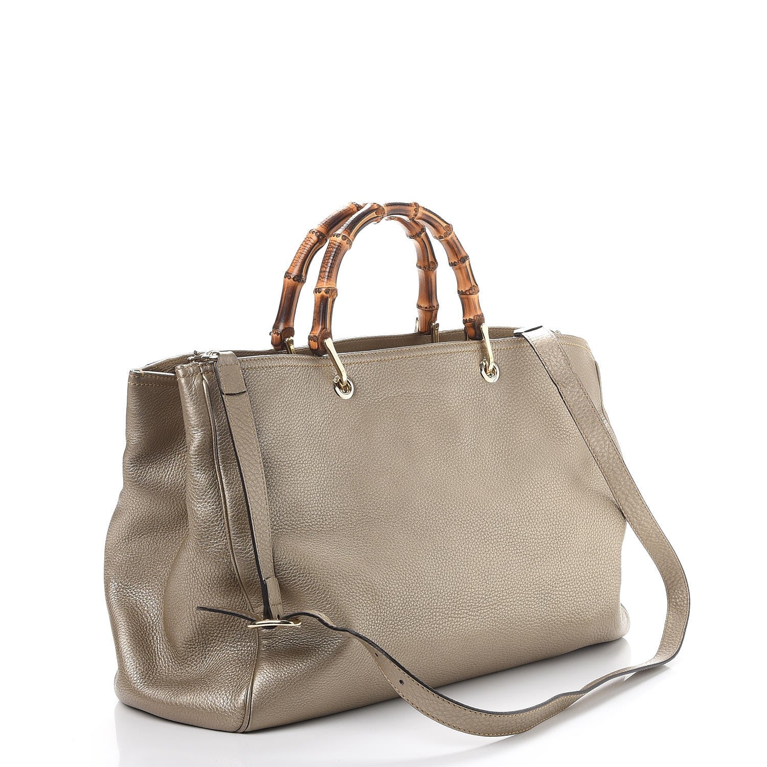 Gucci Metallic Pebbled Calfskin Large Bamboo Shopper Tote Golden Beige 4 of 9