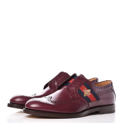 Gucci Calfskin Web Bee Embroidered Mens Slip-On Brogue Wingtip Derby Shoes 7.5 Bordeaux 3 of 9