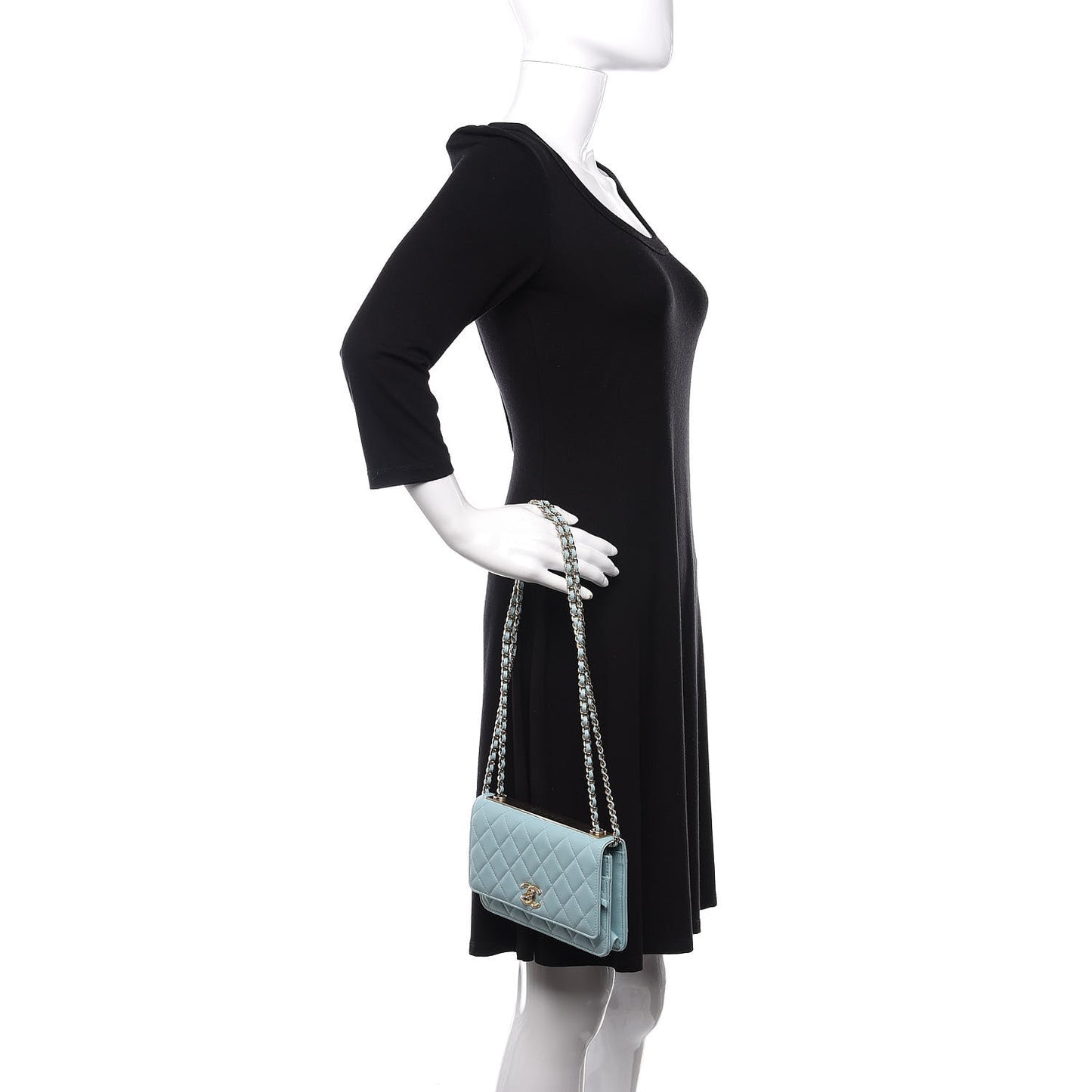 Lambskin Quilted Trendy CC Wallet On Chain WOC Light Blue