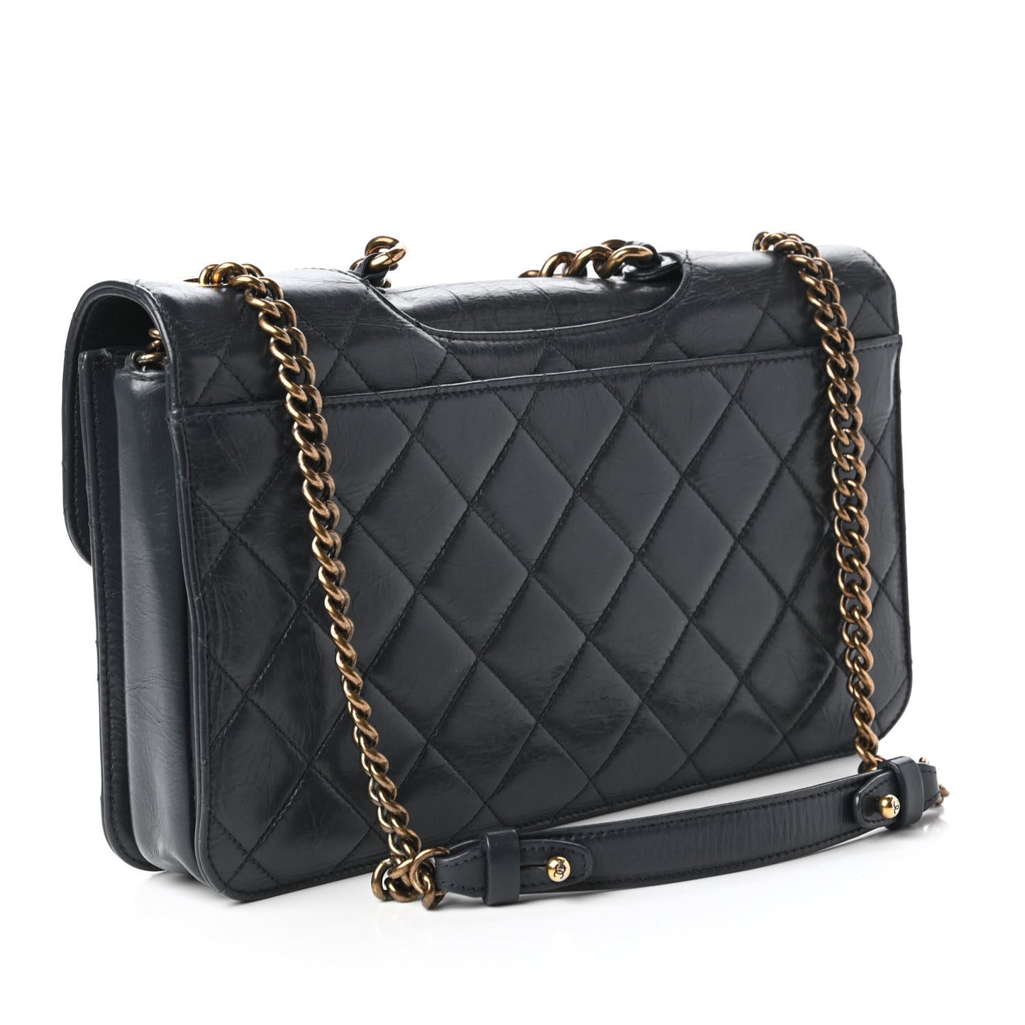 Glazed Calfskin Quilted Large Perfect Edge Flap Navy