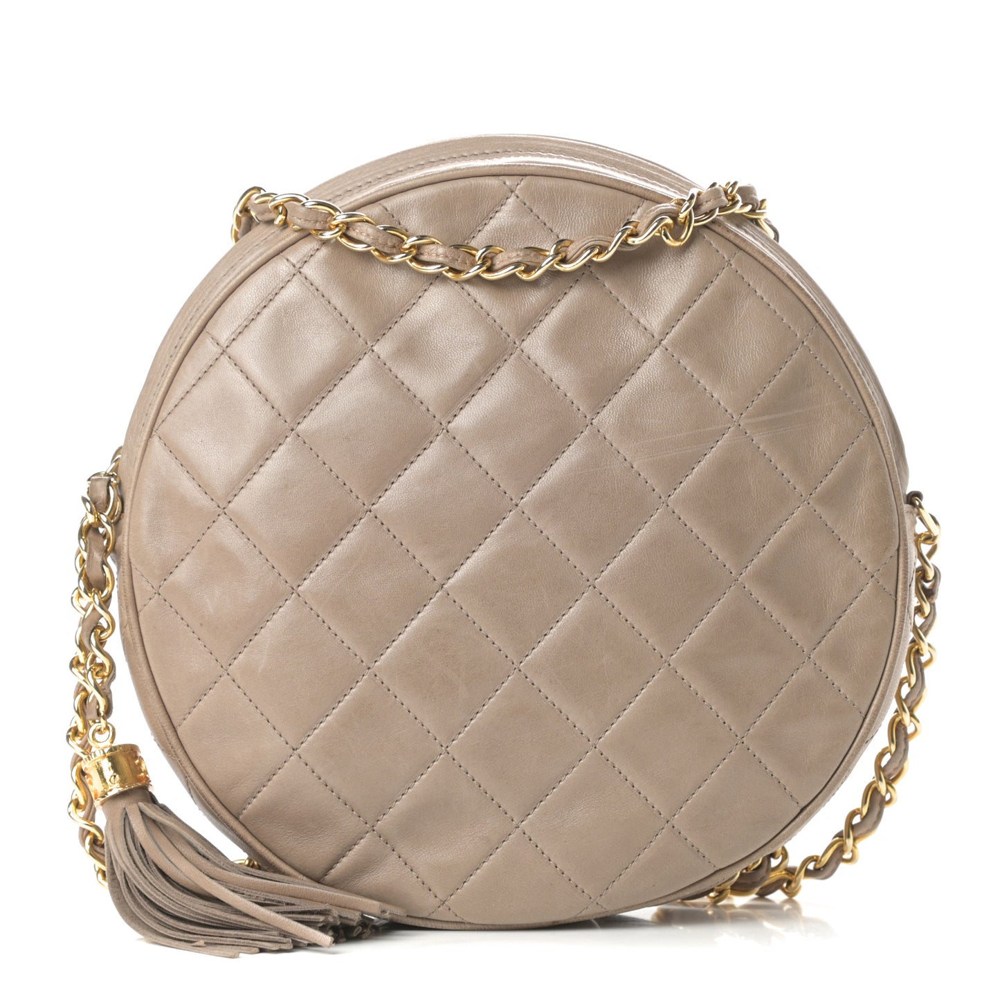 Lambskin Quilted Round Tassel Crossbody Bag Beige