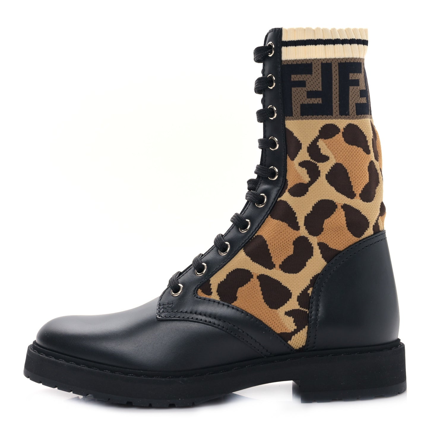 Calfskin Stretch Fabric FF Leopard Rockoko Biker Boots 37 Black