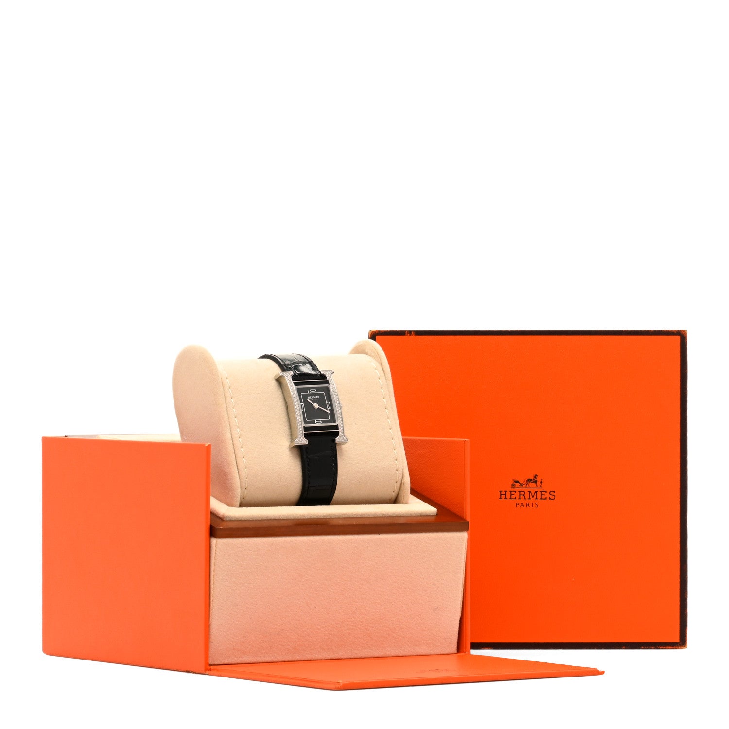 Hermes Stainless Steel Alligator Diamond Lacquer 21mm Heure H Hour Double Jeu Quartz Watch Noir 4 of 4