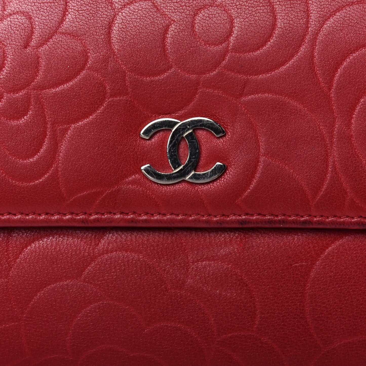 Lambskin Camellia Embossed Flap Wallet Red