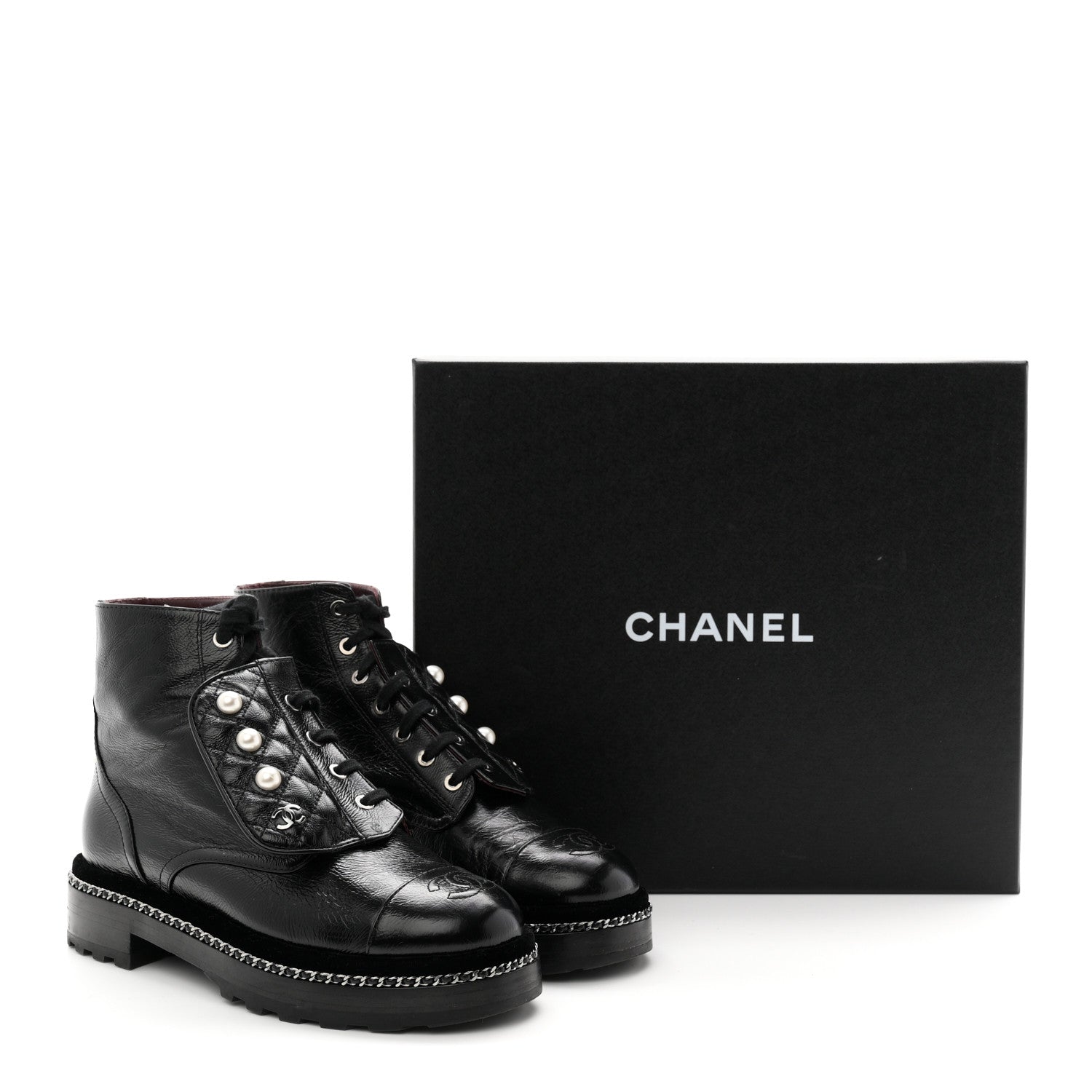 Chanel Crackled Calfskin Velvet Pearl Combat Short Boots 38 Black 10 of 10
