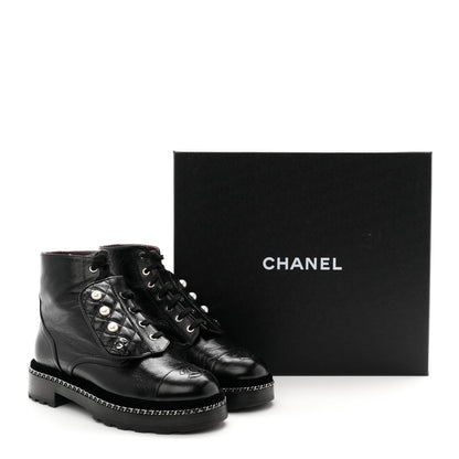 Chanel Crackled Calfskin Velvet Pearl Combat Short Boots 38 Black 10 of 10