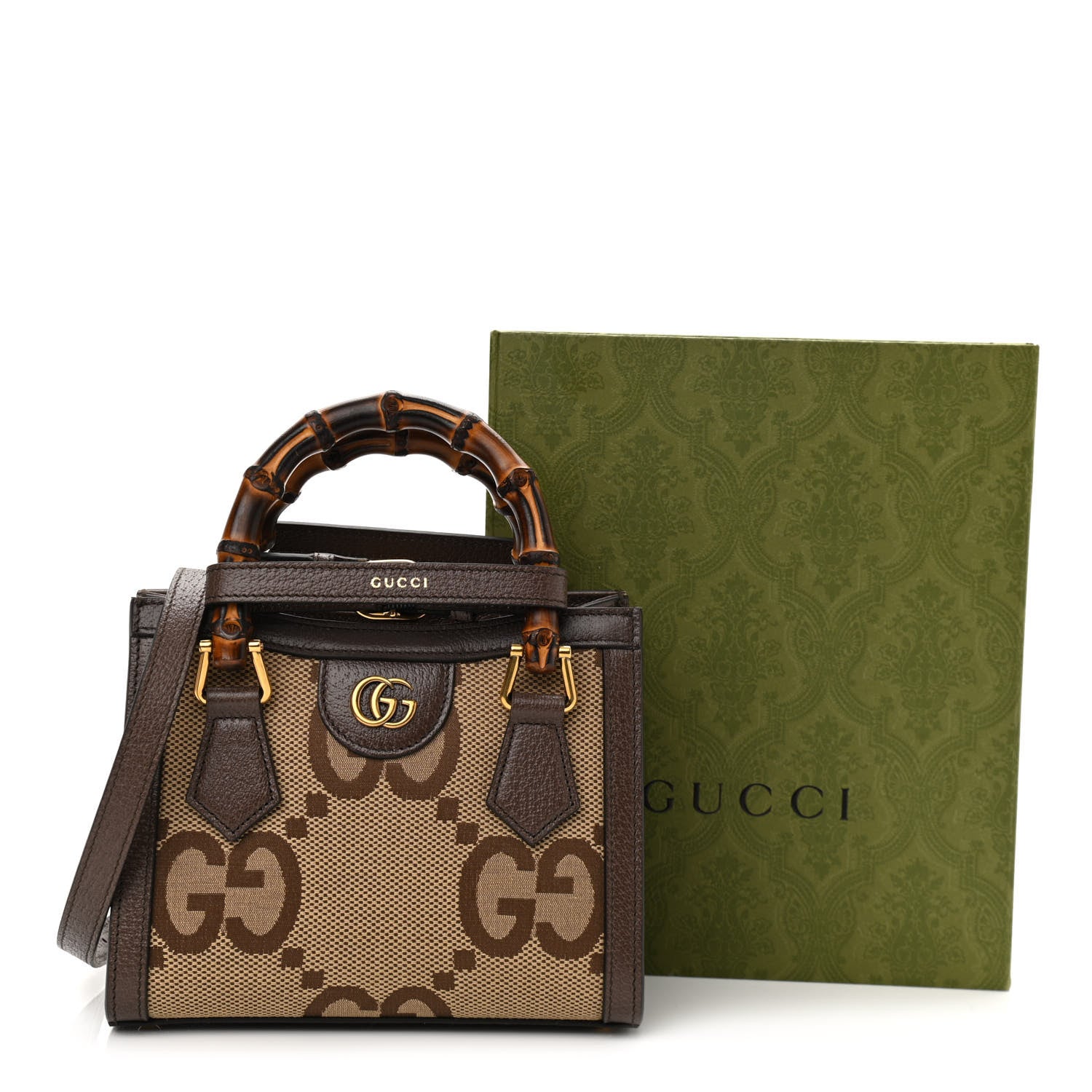 Gucci Monogram Jumbo GG Textured Dollar Calfskin Mini Diana Tote Bag Camel Ebony New Acero 12 of 12