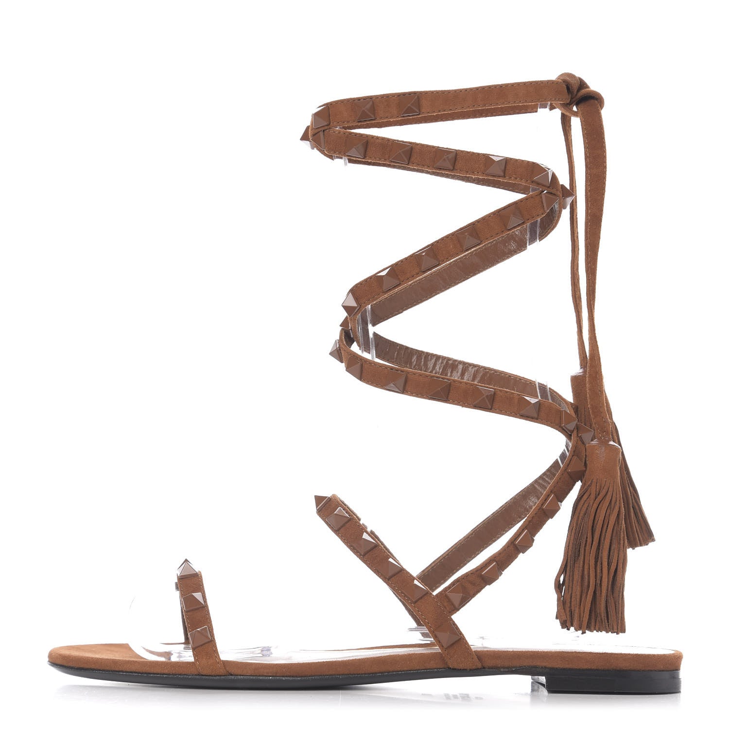 Valentino Garavani Suede Rockstud Flair Ankle Wrap Flat Sandals 38 Brown 1 of 7
