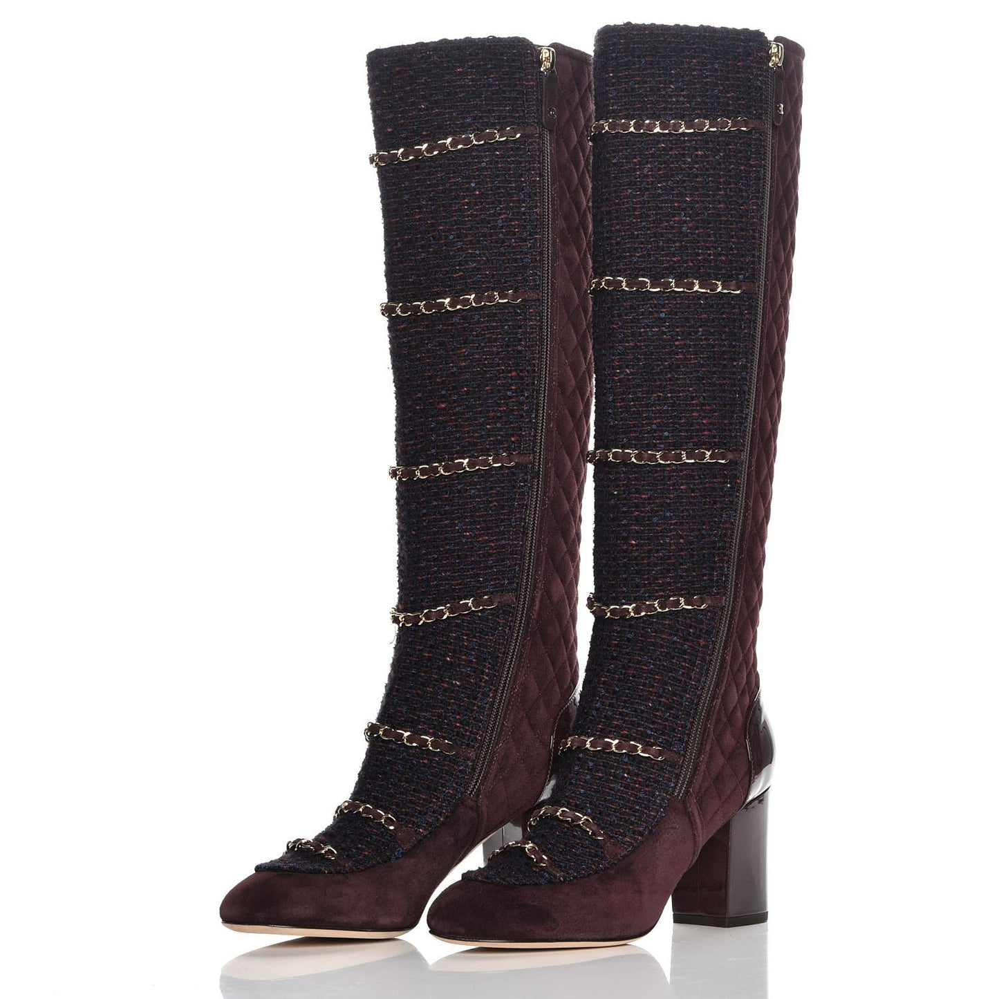 Suede Tweed Patent Quilted Zip Knee High Boots 39.5 Black Navy Burgundy