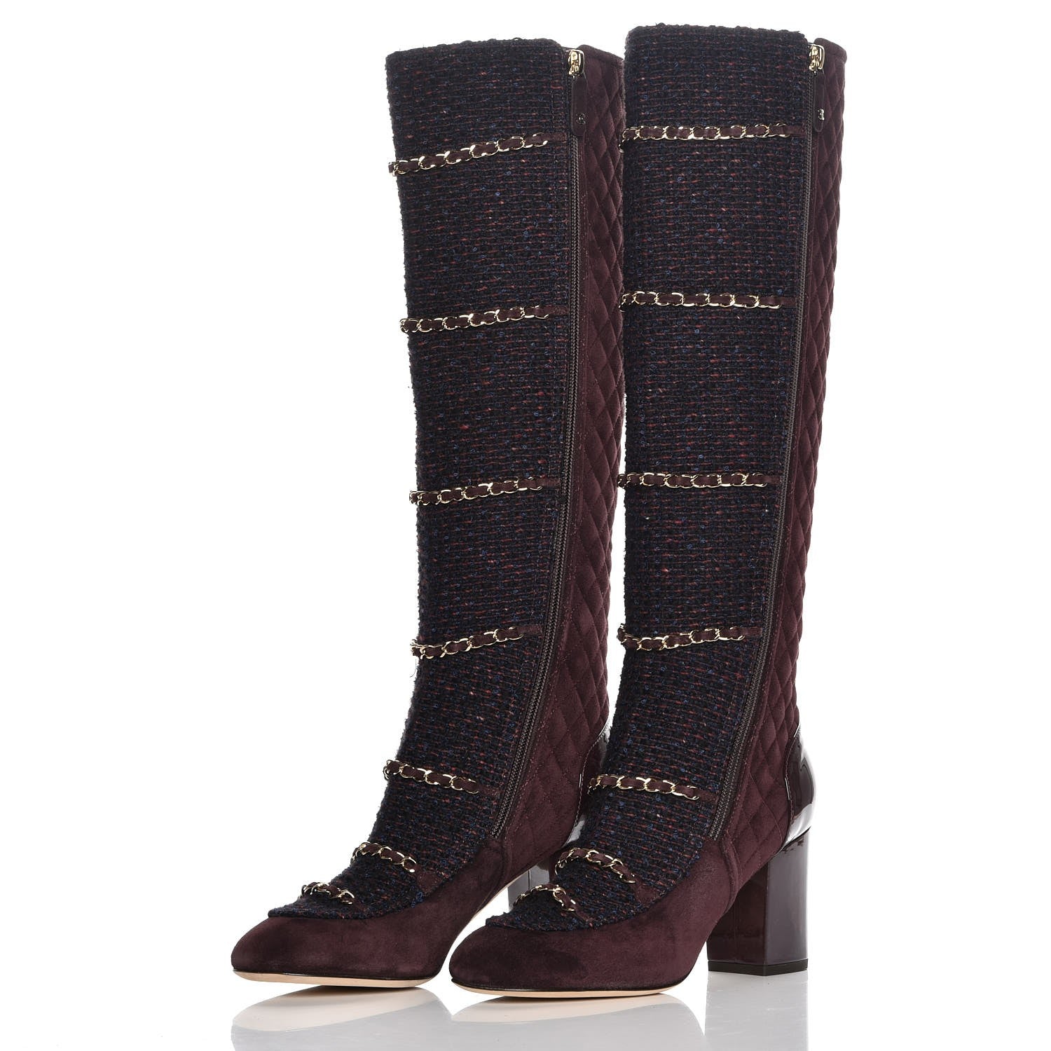 Chanel Suede Tweed Patent Quilted Zip Knee High Boots 39.5 Black Navy Burgundy 4 of 12