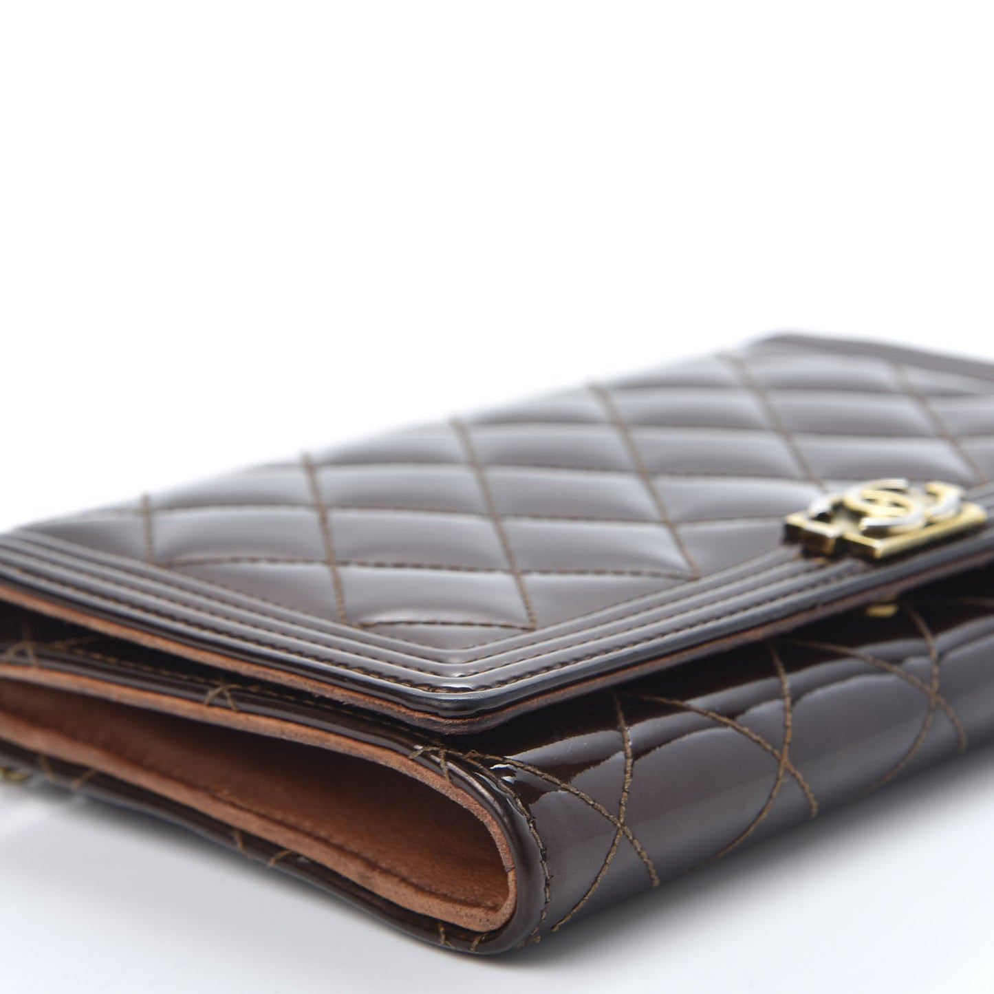 Patent Calfskin Quilted Boy Wallet On Chain WOC Brown