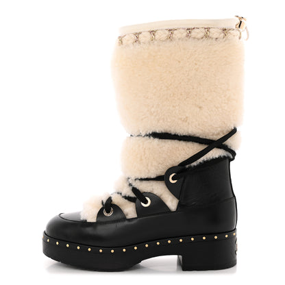 Chanel Shearling Chain Studded CC High Boot 37 White Black 1 of 16