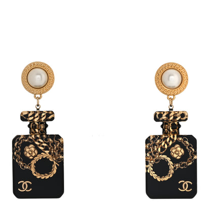 Chanel Pearl CC Perfume Bottle Drop Earrings Black Gold 1 of 5
