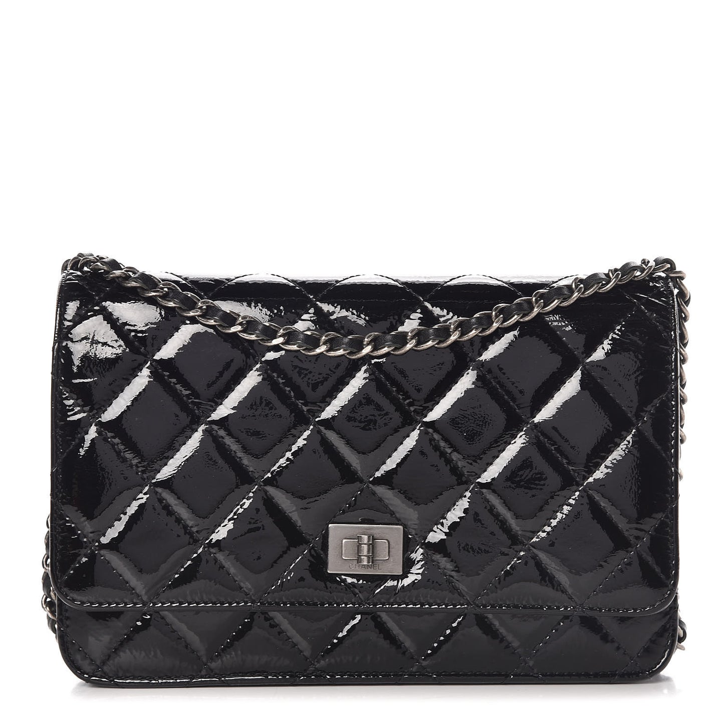 Distressed Patent Calfskin Quilted Reissue Wallet On Chain WOC Black