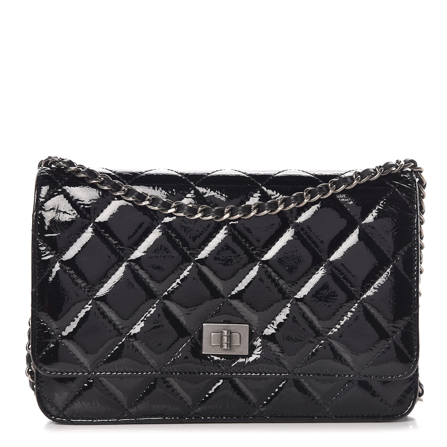 Chanel Distressed Patent Calfskin Quilted Reissue Wallet On Chain WOC Black 1 of 10