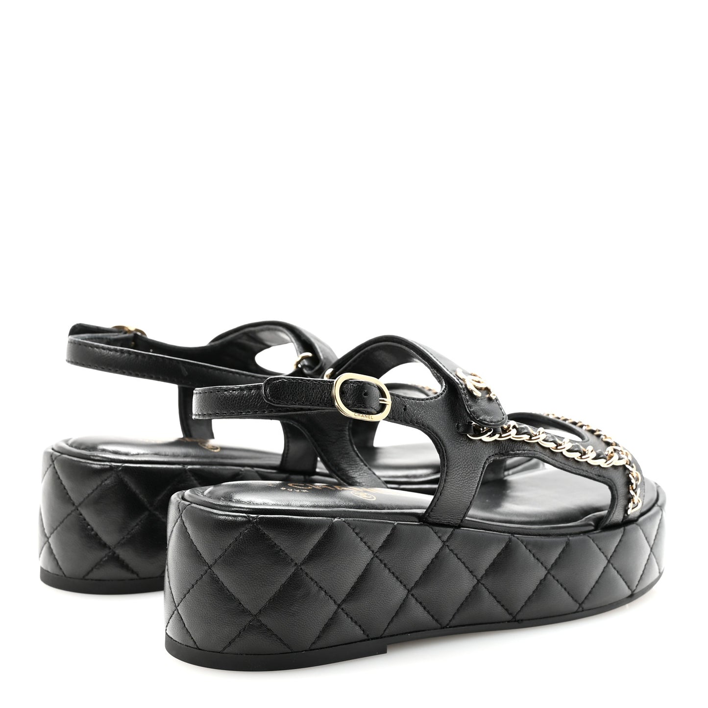Lambskin Quilted Chain CC Platform Sandals 38.5 Black