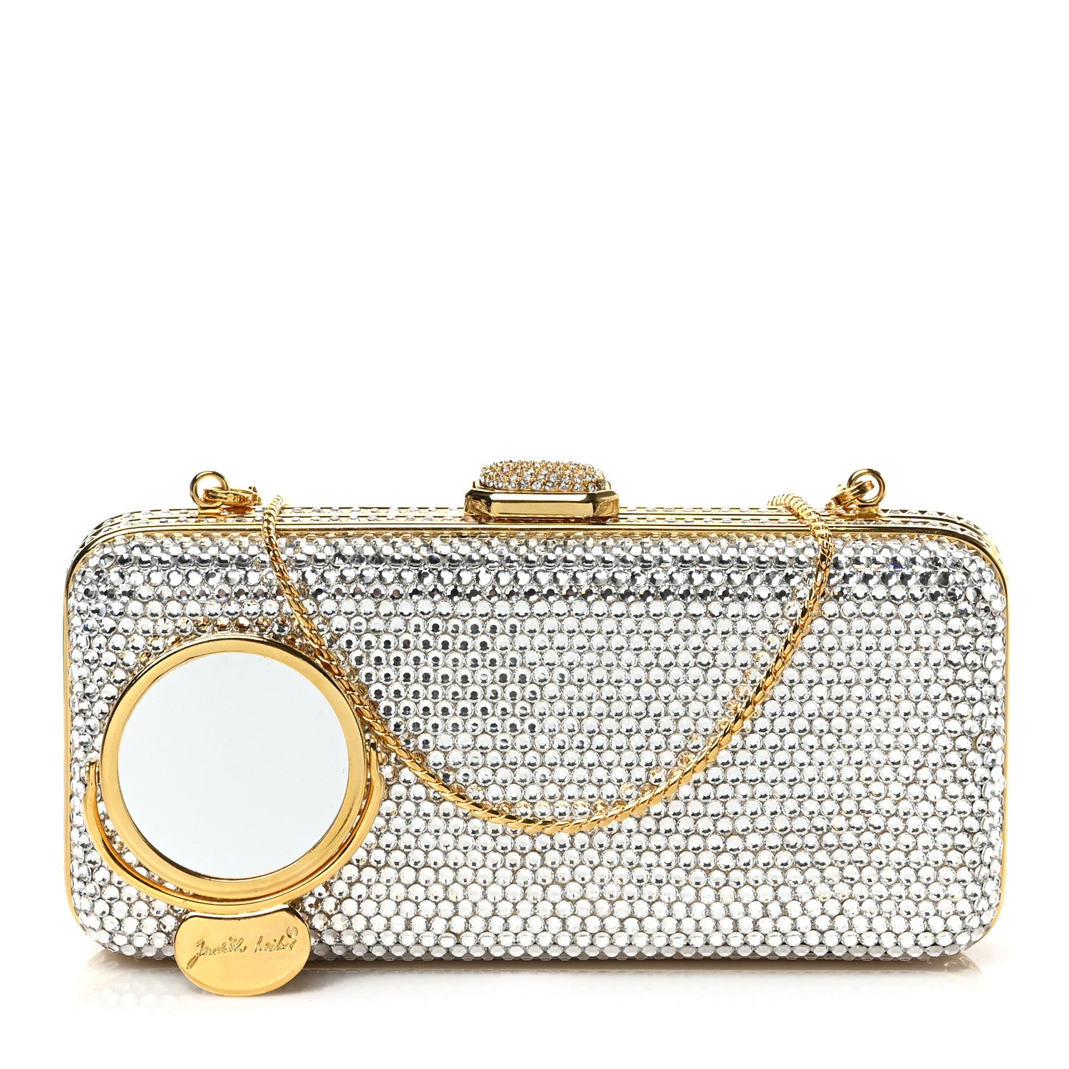 JUDITH LEIBER Swarovski Crystal Minaudiere Clutch in the color Gold by FASHIONPHILE