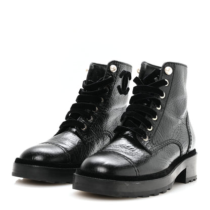 Chanel Shiny Calfskin Velvet Pearl Combat Short Boots 37.5 Black 4 of 9