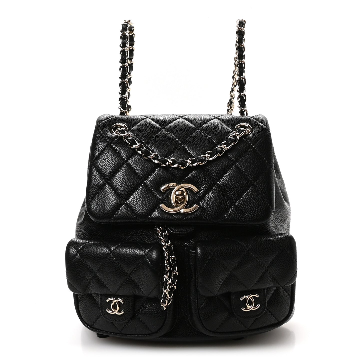 Shiny Caviar Quilted Medium Duma Pockets Drawstring Backpack Black