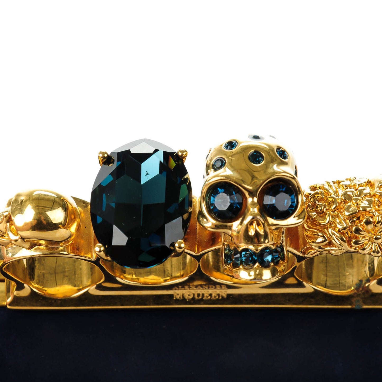 Suede Studded Skull Knuckle Box Clutch Navy