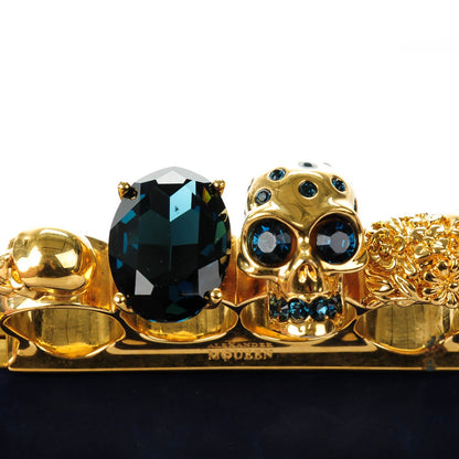 Alexander McQueen Suede Studded Skull Knuckle Box Clutch Navy 5 of 8