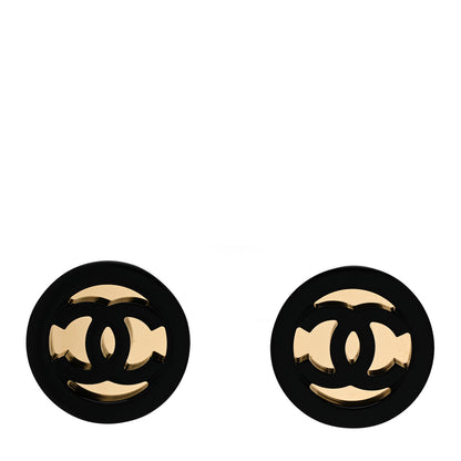 Chanel Resin CC Round Earrings Gold Black 1 of 5