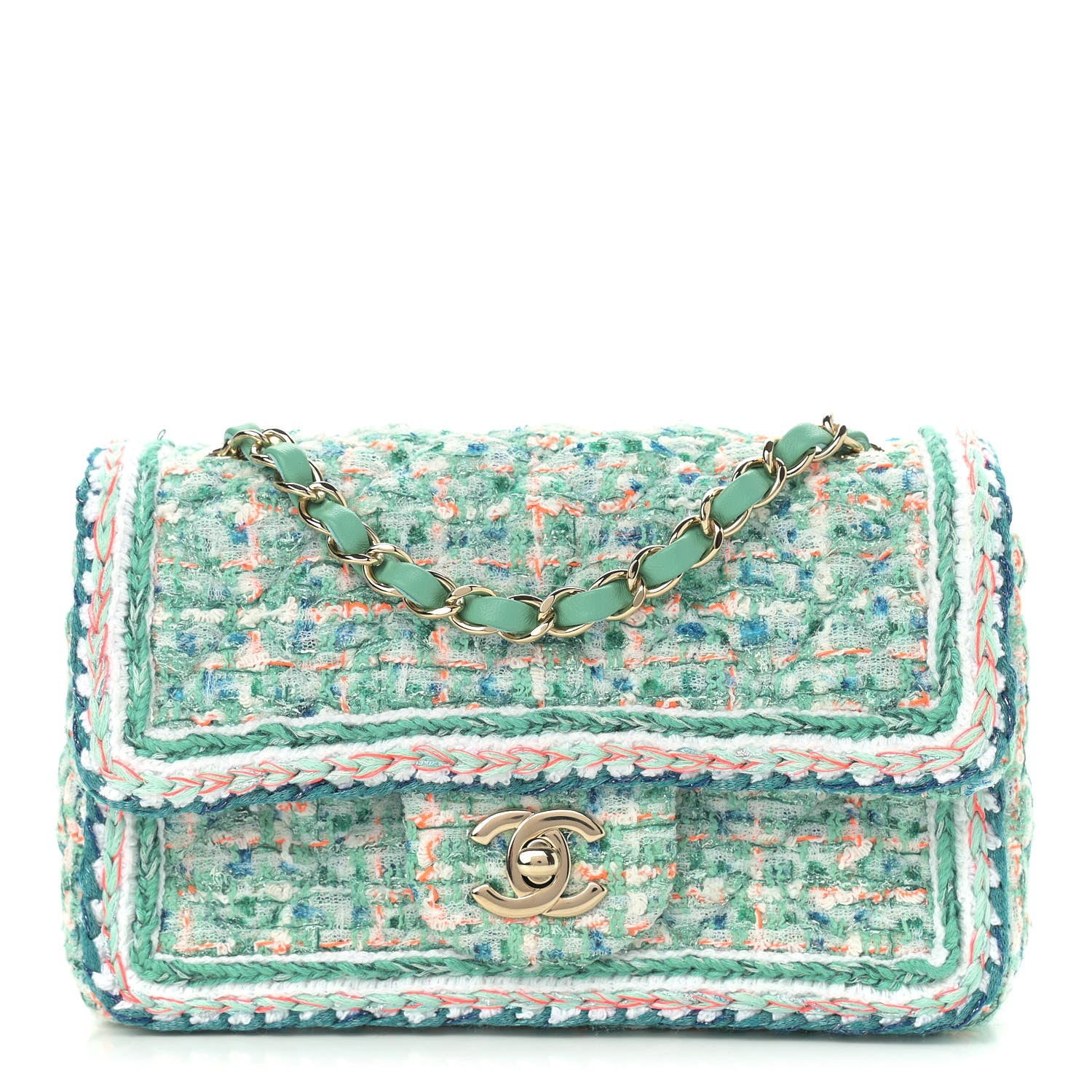 Chanel Tweed Quilted Mini Rectangular Flap Green White Blue Orange 1 of 11
