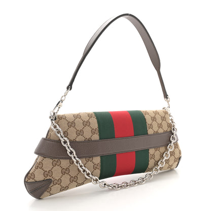 Gucci Monogram Textured Dollar Calfskin Heavy Grosgrain Web Medium Maxi Horsebit Chain Shoulder Bag Beige Ebony New Acero 3 of 11
