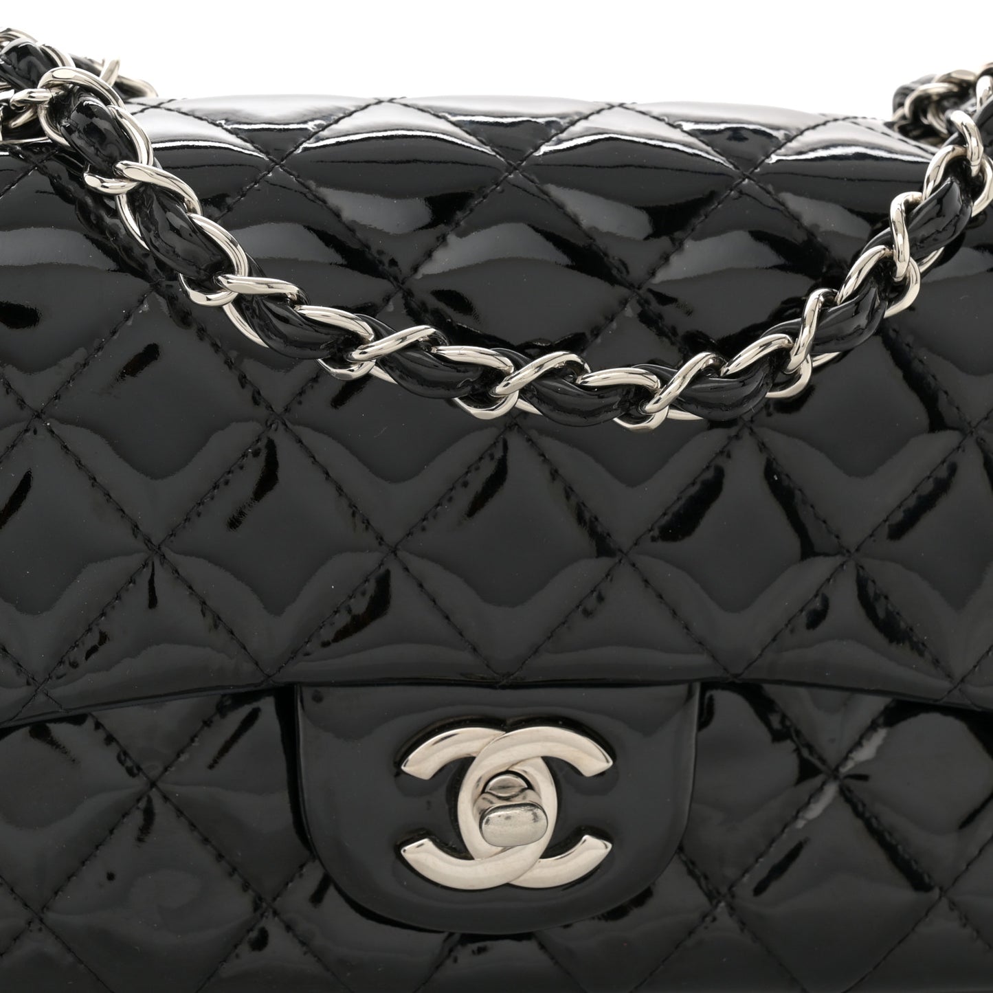 Patent Calfskin Quilted Mini Rectangular Flap Black