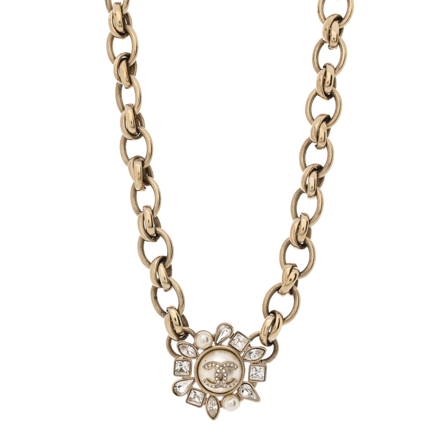Pearl Crystal CC Snowfall Chain Short Necklace Light Gold