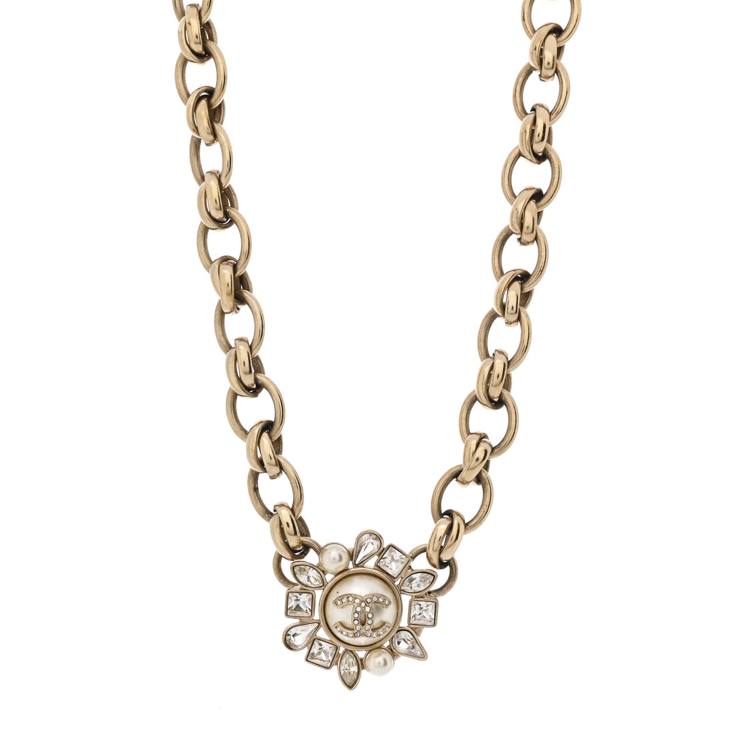 Chanel Pearl Crystal CC Snowfall Chain Short Necklace Light Gold 1 of 6