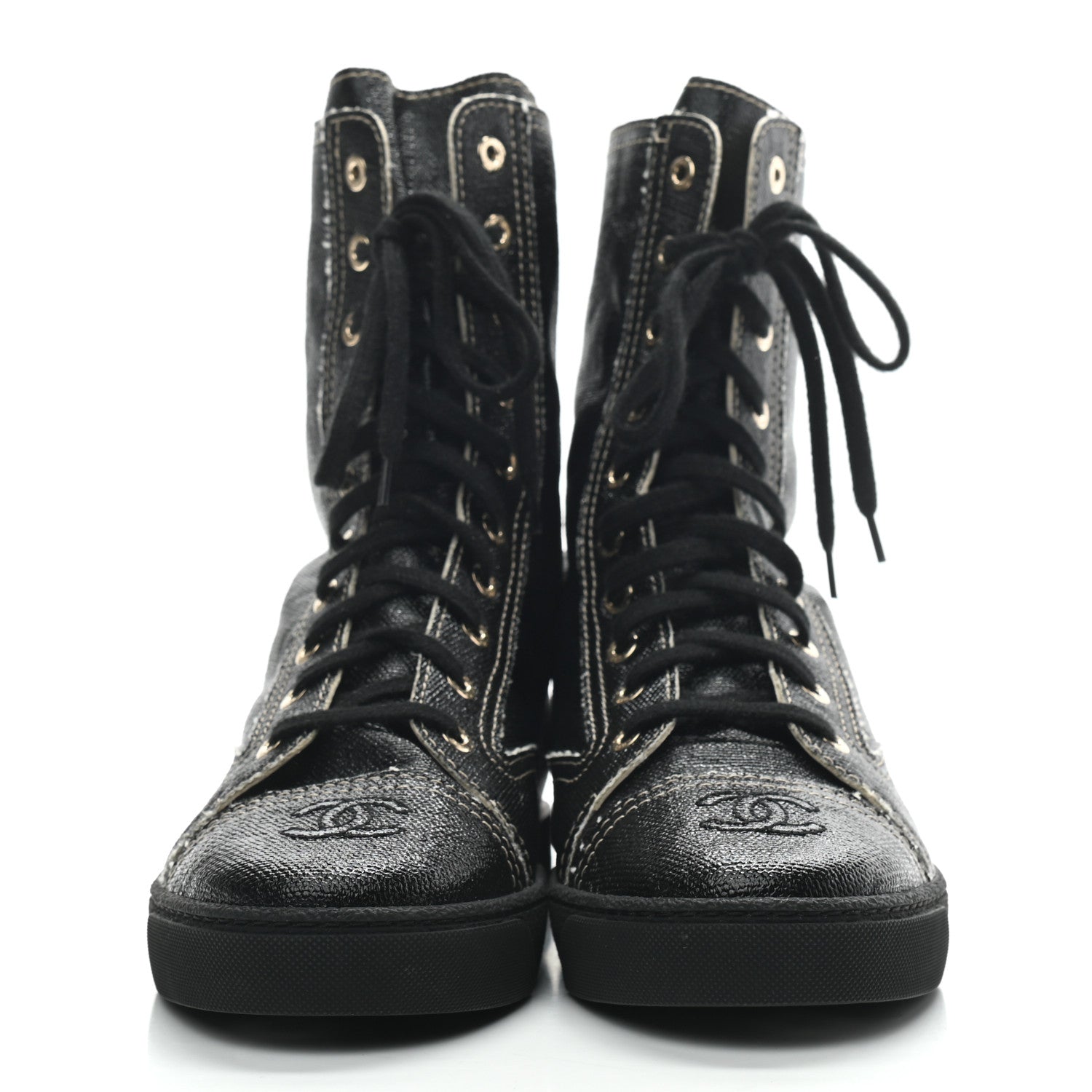 Chanel Coated Canvas Lace Up Combat Boots 39 Black 2 of 8