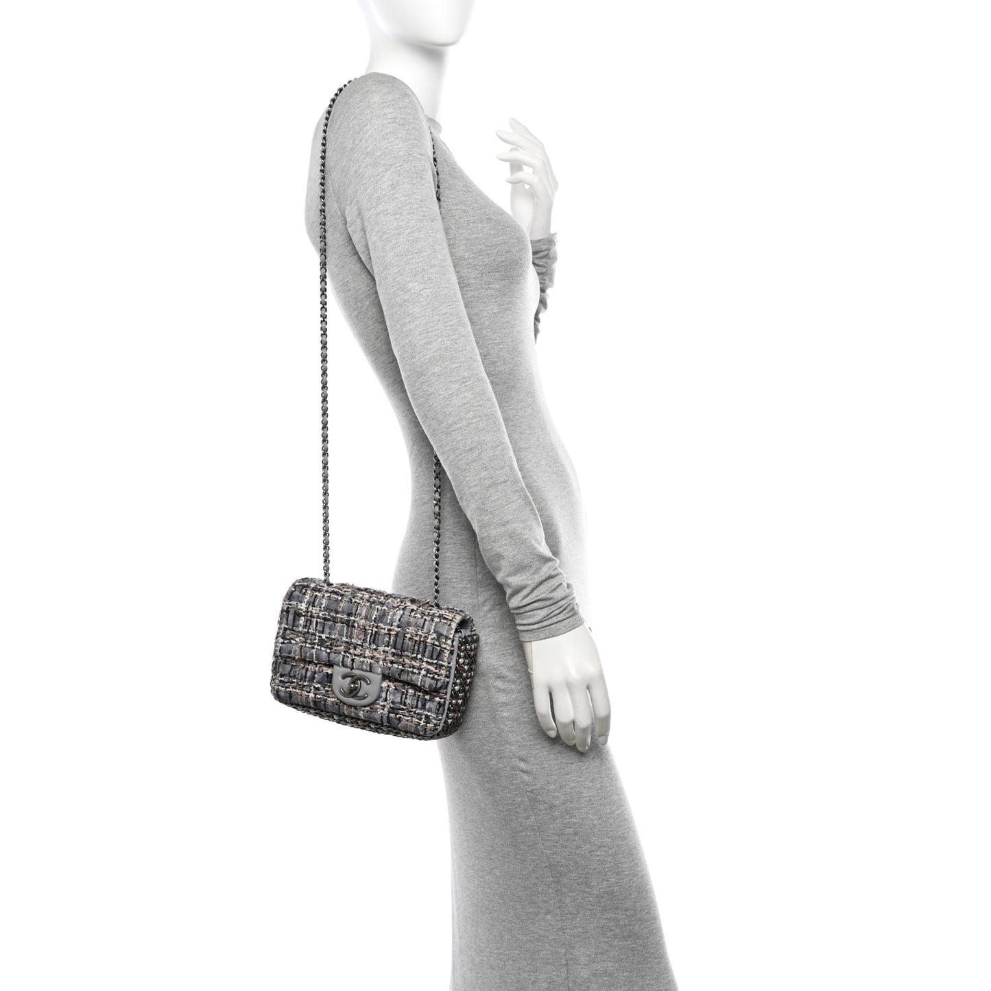 Tweed Quilted Mini Side Pearl Flap Bag Grey