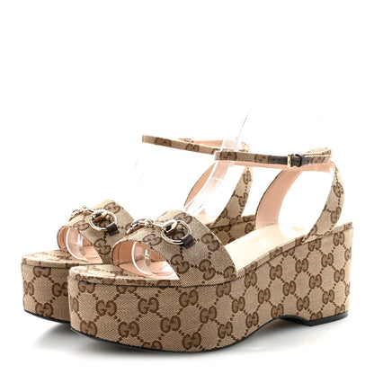 Gucci Monogram Nappa Chalotte Horsebit Ankle Strap 75mm Flatform Sandals 40 Beige Ebony 8 of 18