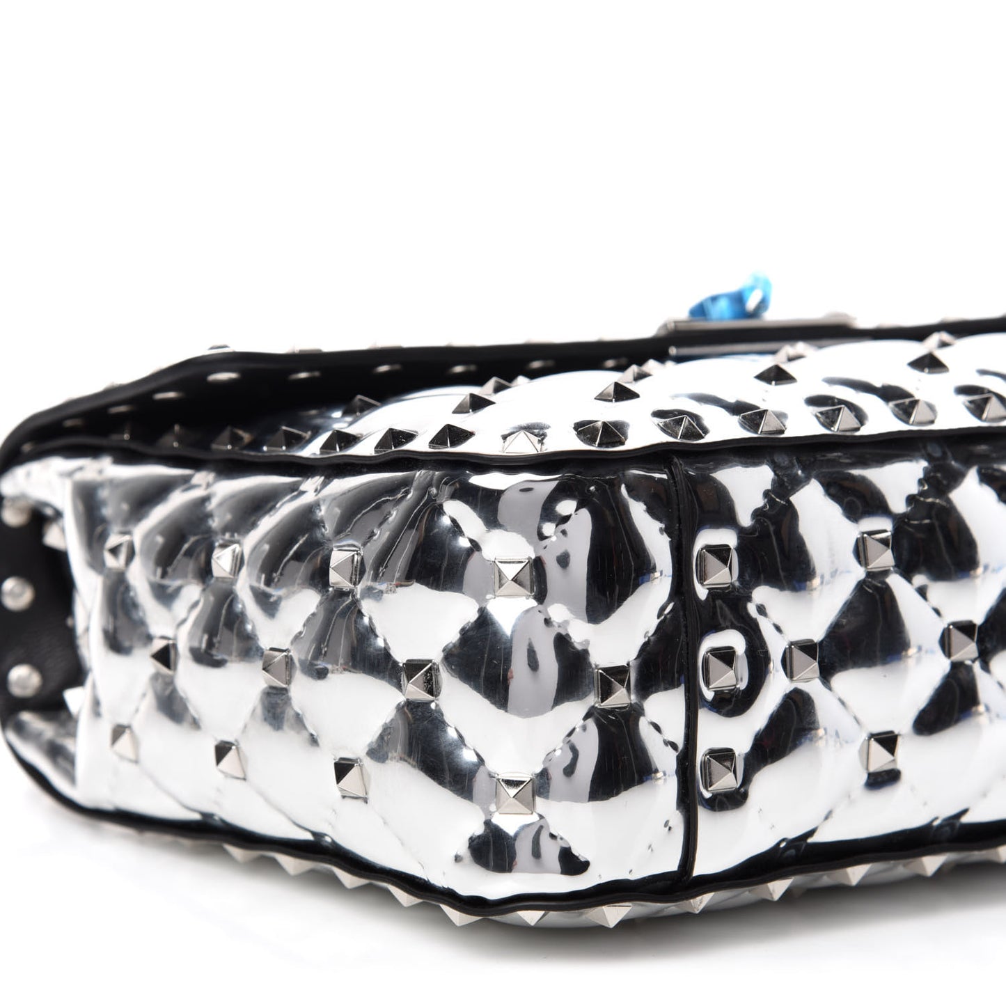 Metallic Patent Quilted Medium Rockstud Spike Shoulder Bag Silver