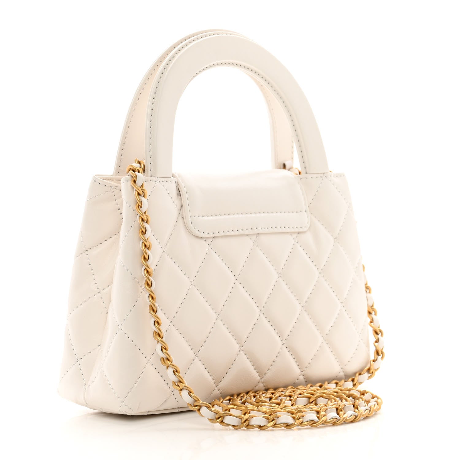 Chanel Shiny Aged Calfskin Quilted Nano Kelly Shopper White