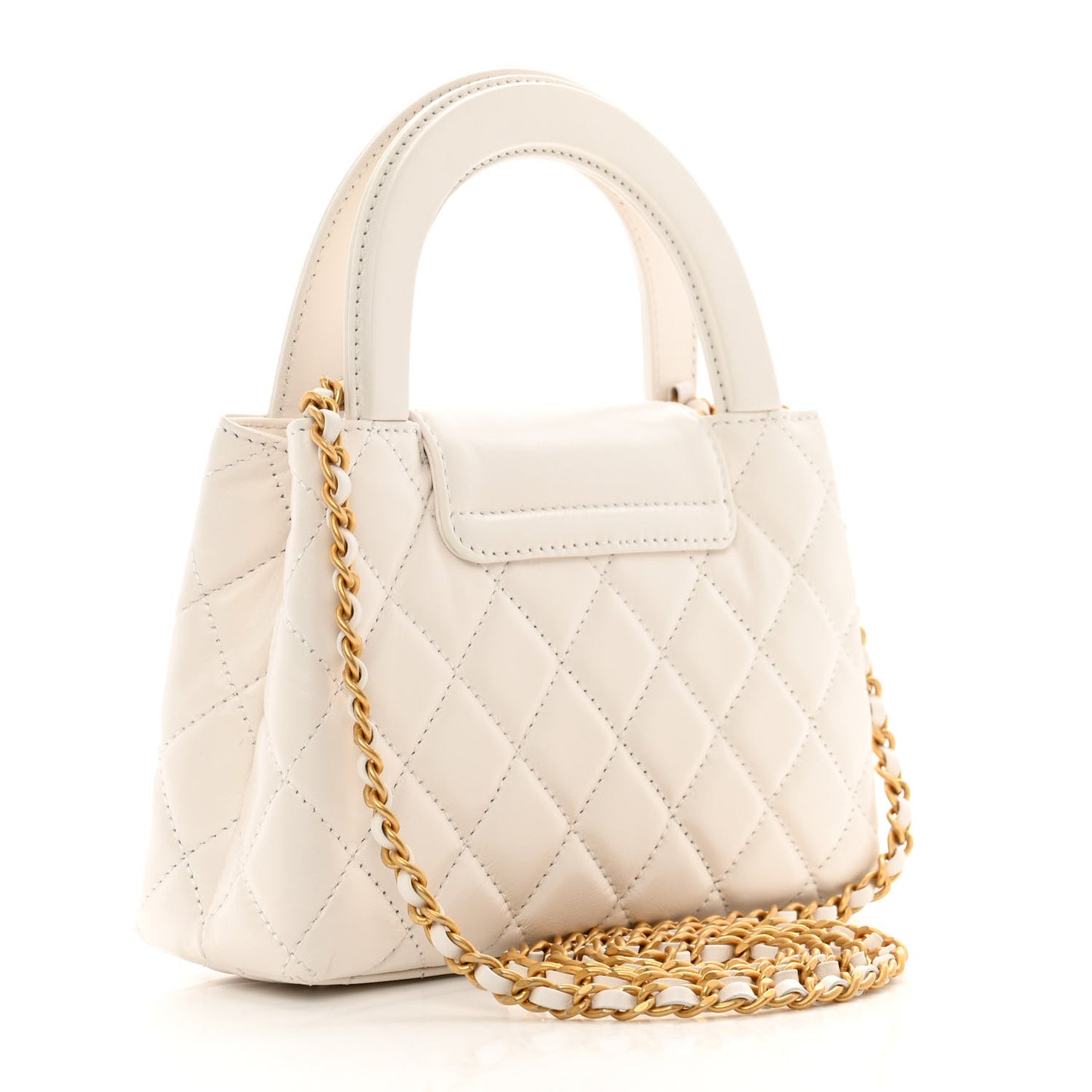 Shiny Aged Calfskin Quilted Nano Kelly Shopper White