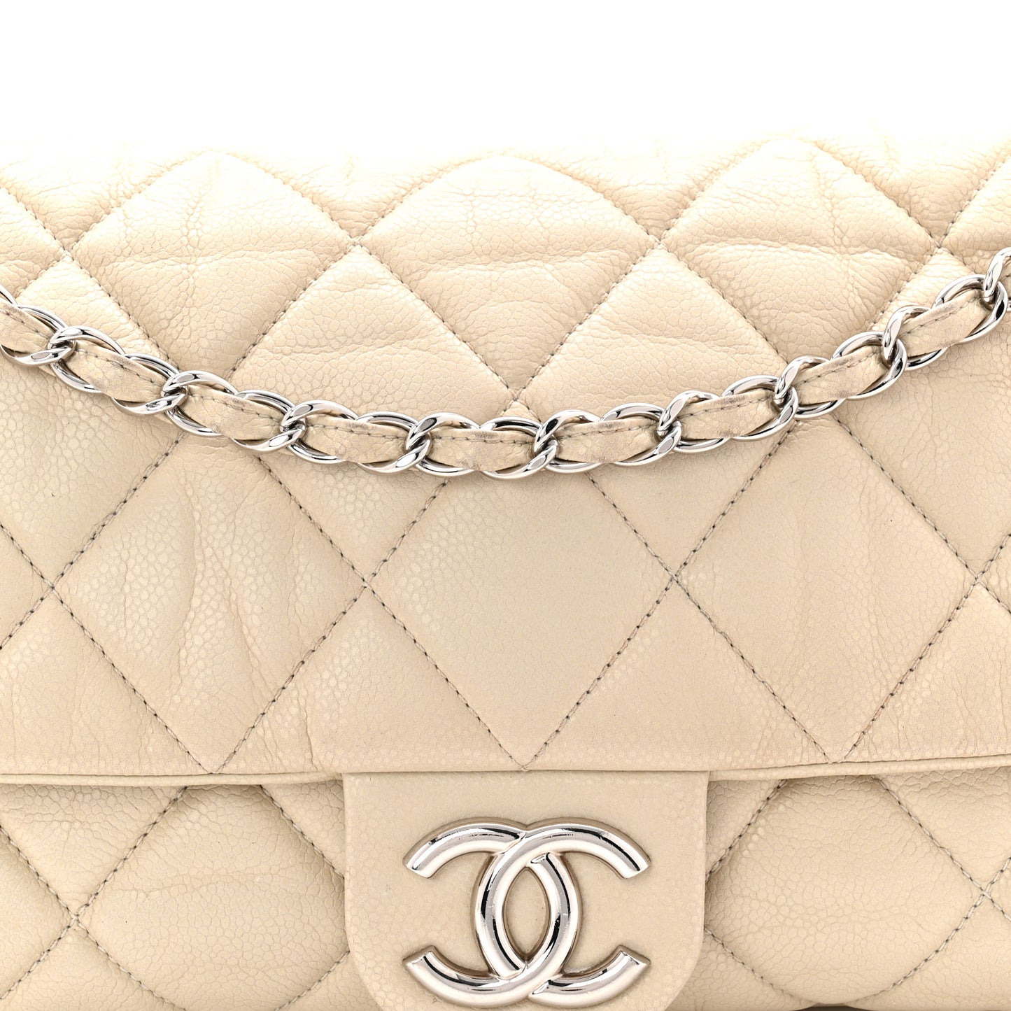 Glazed Caviar Medium Nature Flap Bag White