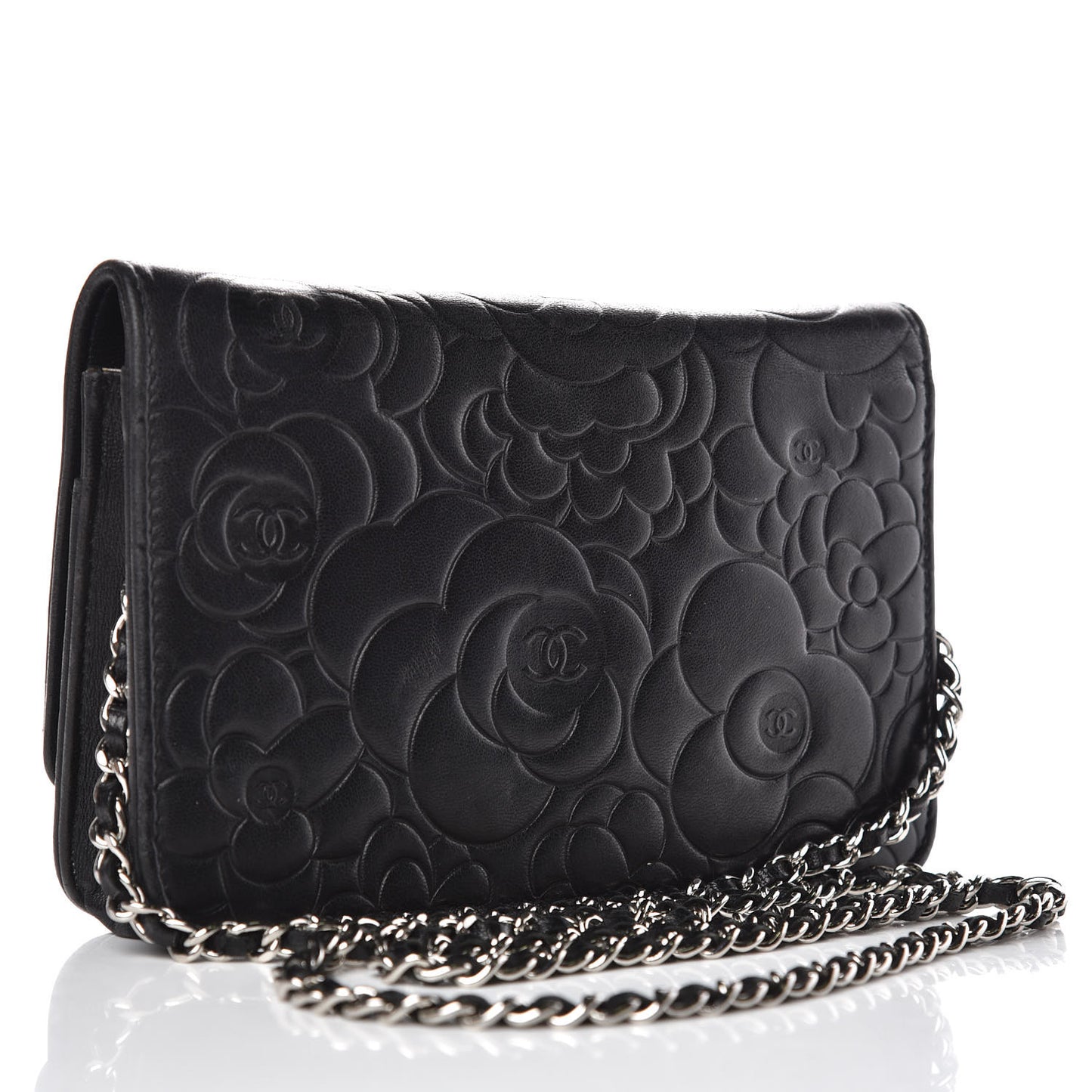 Lambskin Camellia Embossed Wallet on Chain WOC Black