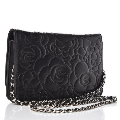 Chanel Lambskin Camellia Embossed Wallet on Chain WOC Black 3 of 16