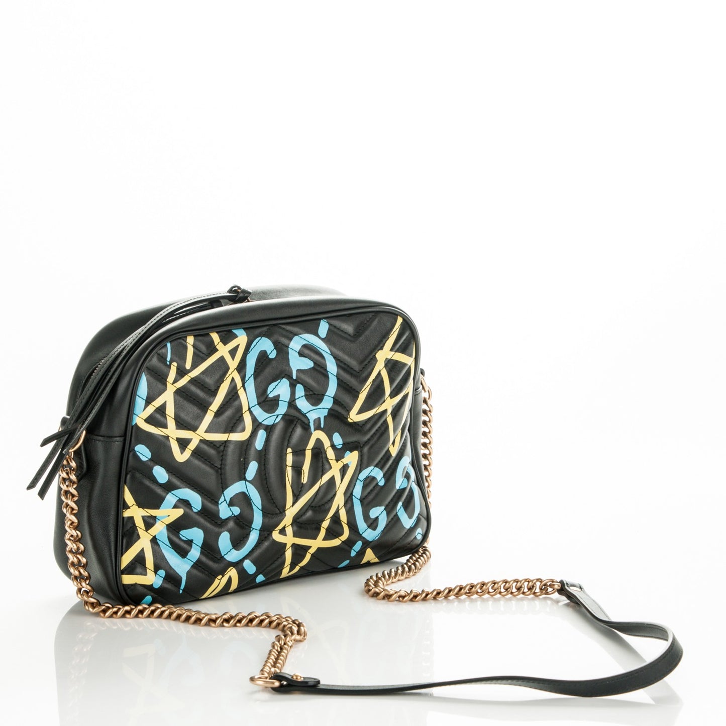 Calfskin Matelasse GucciGhost Medium GG Marmont Chain Shoulder Bag Black New Acquamarine